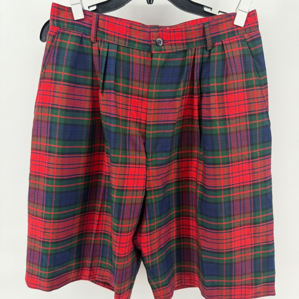 Vintage Pleated High Rise Knee Length Bermuda Style Shorts‎ 80s Red Plaid